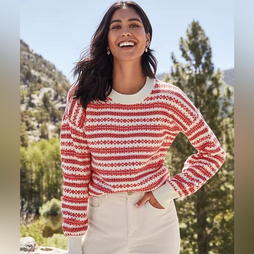New Loft Fair Isle Stripe Everyday Sweater Cream Red Casual NWT SOFT holiday
